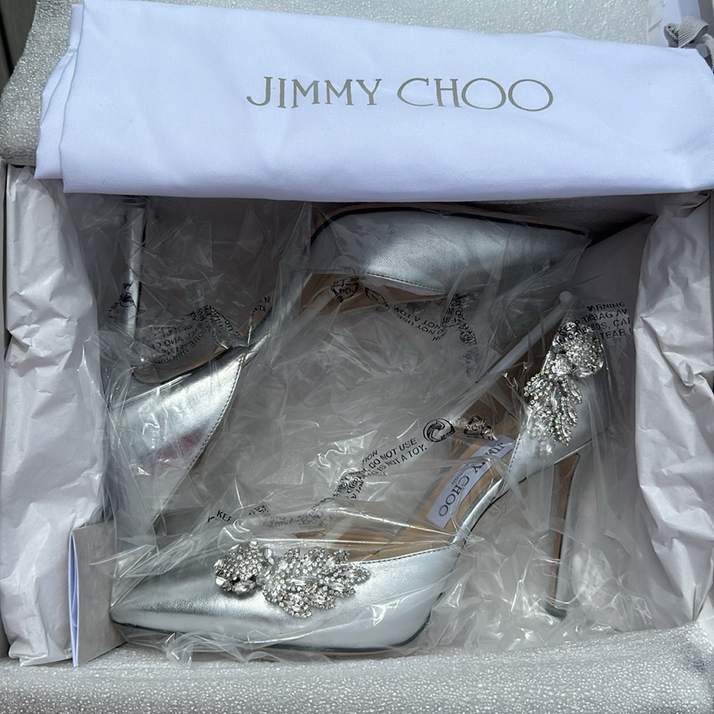 Jimmy Choo Silver Leather Teja Embellished Heels - Picture 12 of 12